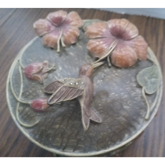 Green Hummingbird Mirrored Jewelry Box With Pink Flowers - Picture 2 of 7